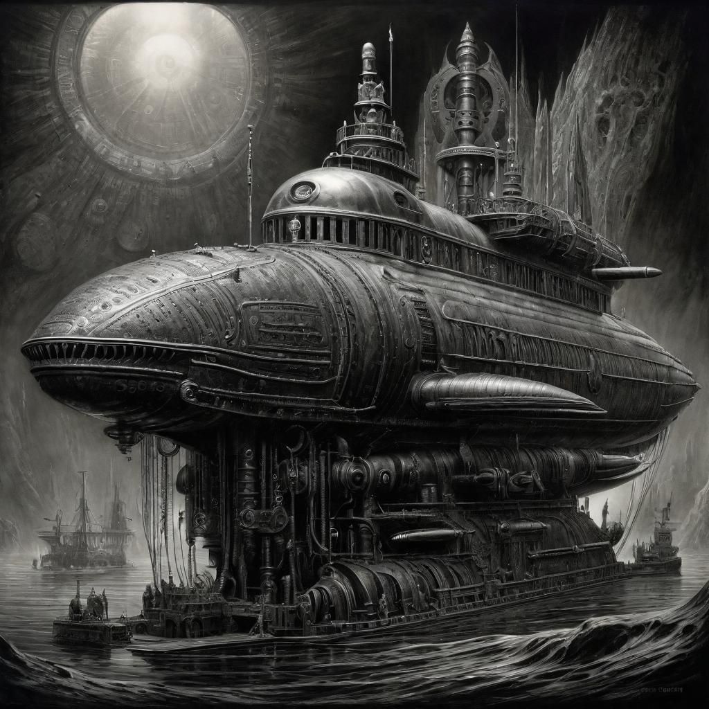 Fantastic Submarine Cryptid in Steampunk Style