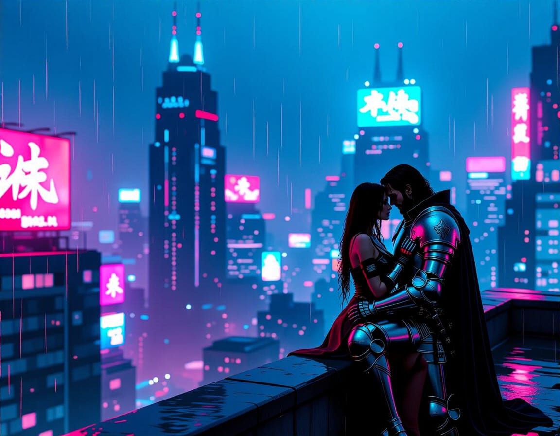 Cyberpunk Knight and Warrior: Rooftop Romance
