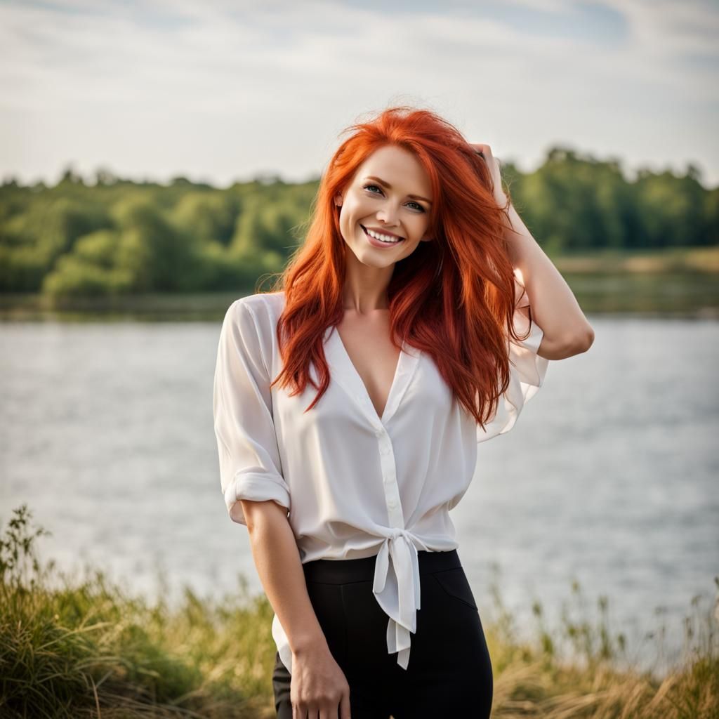 Smiling Redhead in a Sunny Park
