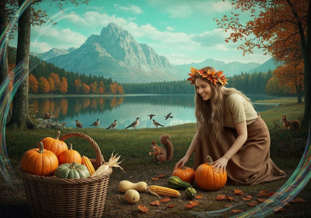 Autumn Harvest Scene with Woman and Surreal Landscape