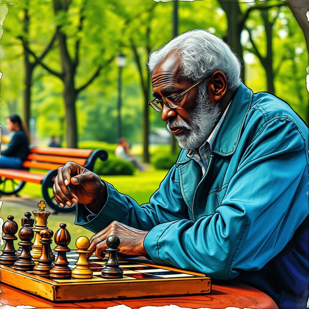 Chess in the park. Alcohol ink by Nancy Létourneau.