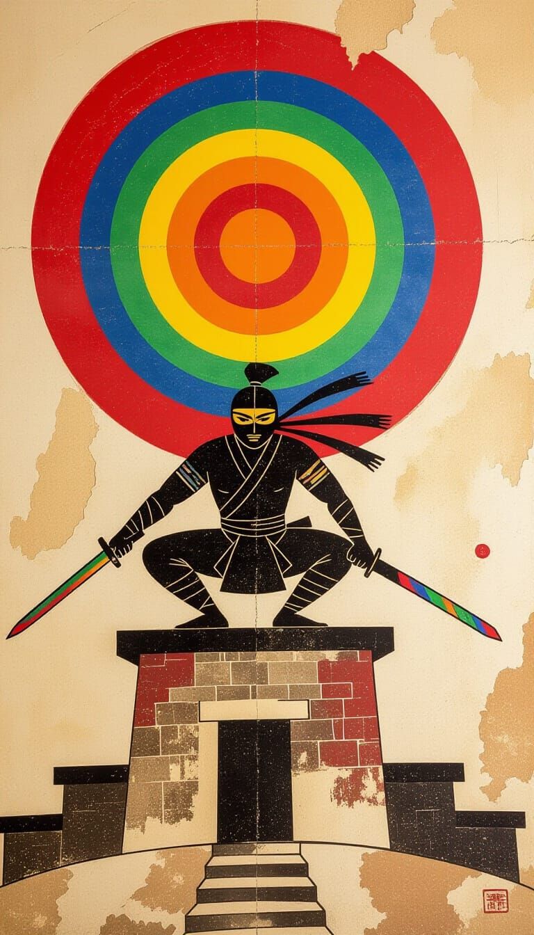 Cave Art Ninja Figure with Rainbow Moon