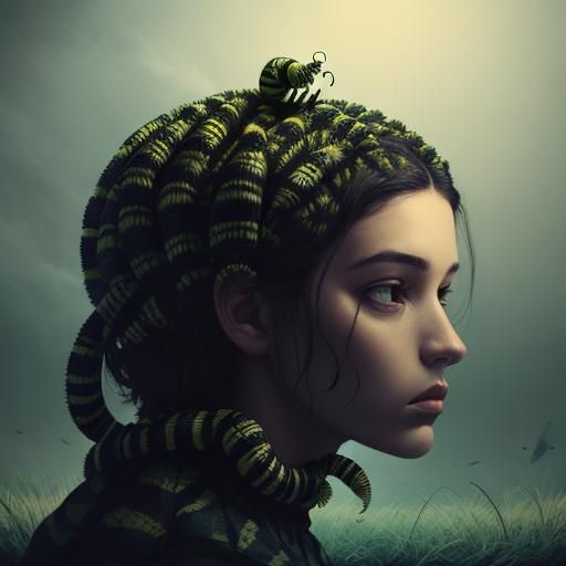 Surreal Caterpillar Thoughts Emerging from Head