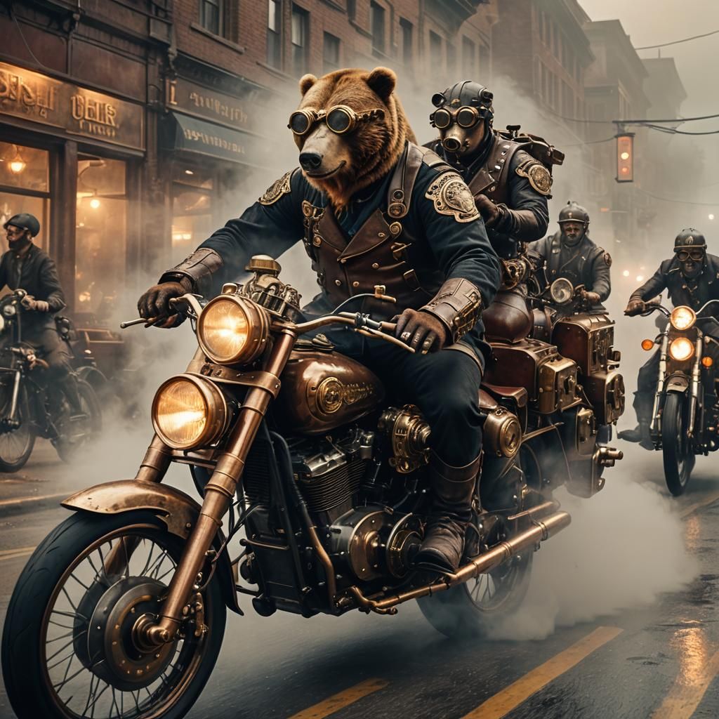 Steampunk Bears Ride Steam-Powered Motorcycles