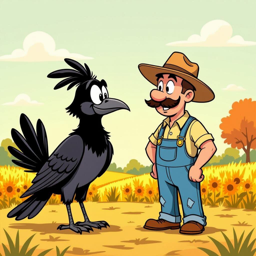 Cartoon Crow and Farmer in Looney Tunes Style