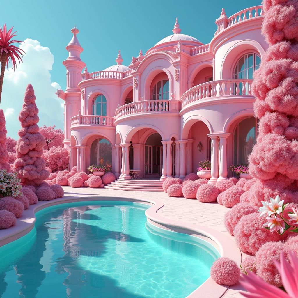 Pastel Pink Mansion with Candy Garden, Digital Art