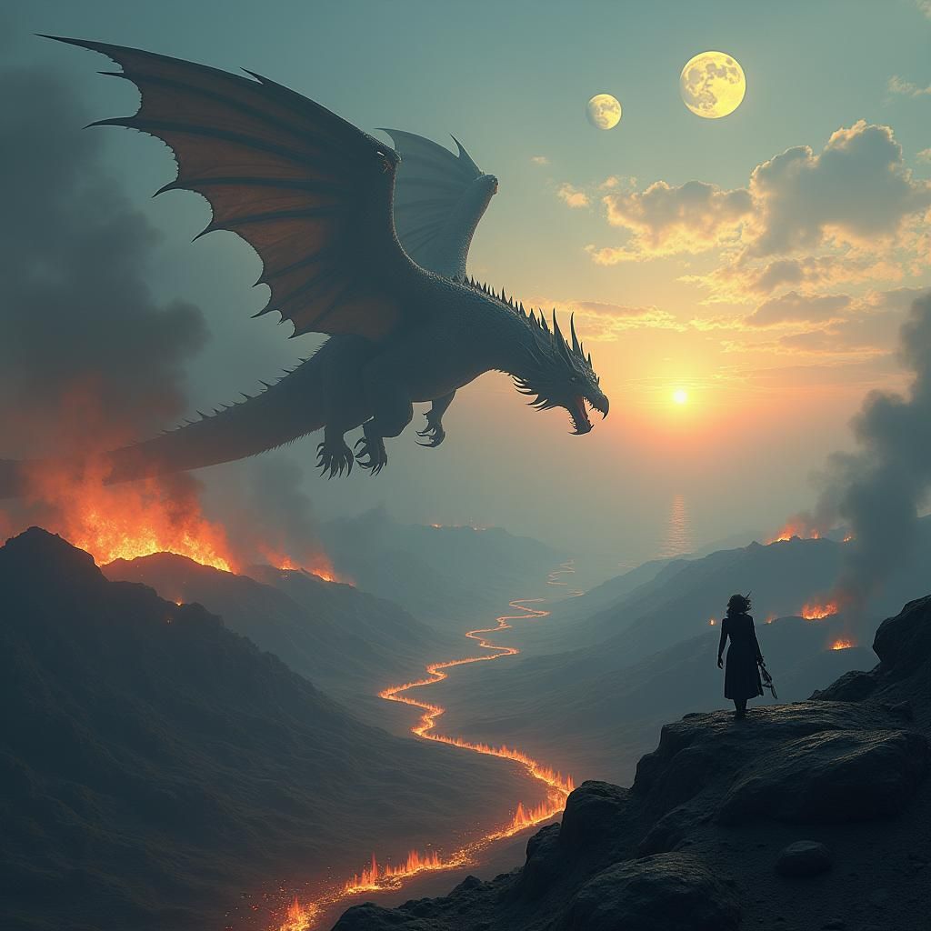 Epic Dragon Hybrid Battle in Apocalyptic Landscape