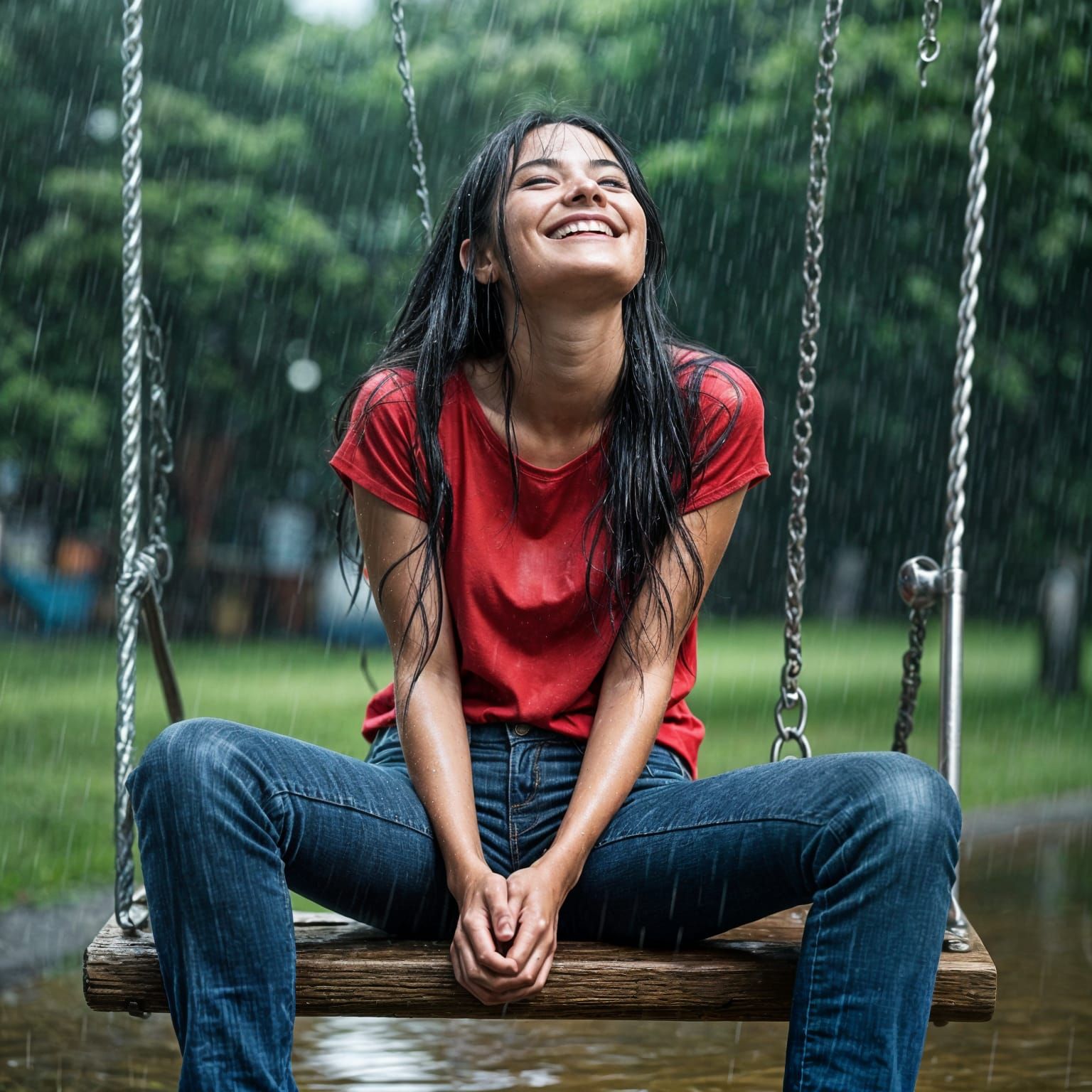 Woman Enjoying Rain on Swing: Photorealistic Image