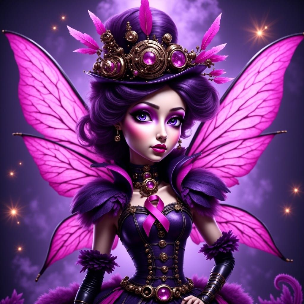 Steampunk Fairy with Iridescent Wings and Pink Cobweb Dress