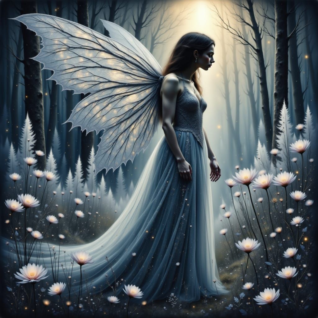 Fairy with Ice Wings Over Bioluminescent Flowers