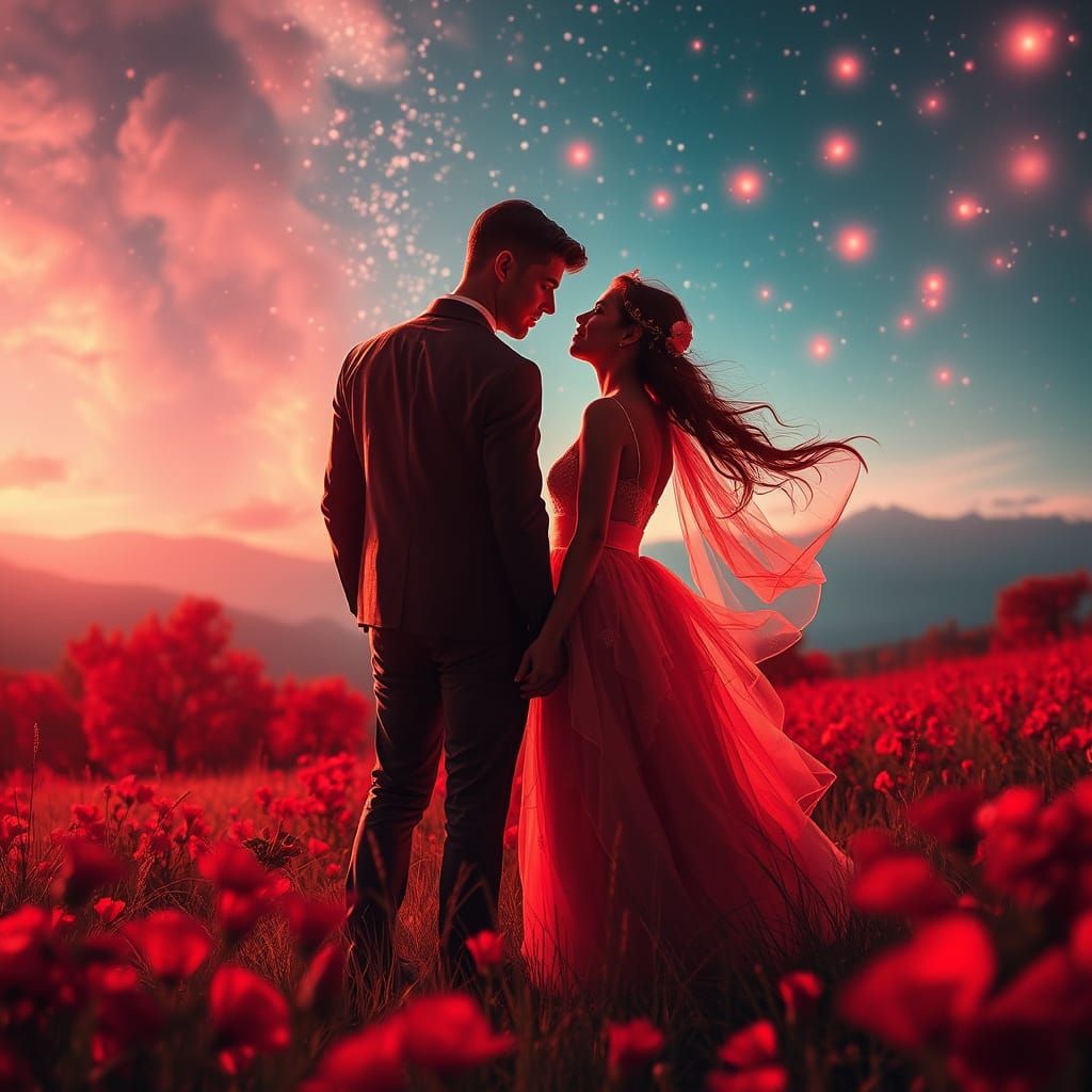 Romantic Crimson Fantasy Landscape with Fairy Lights