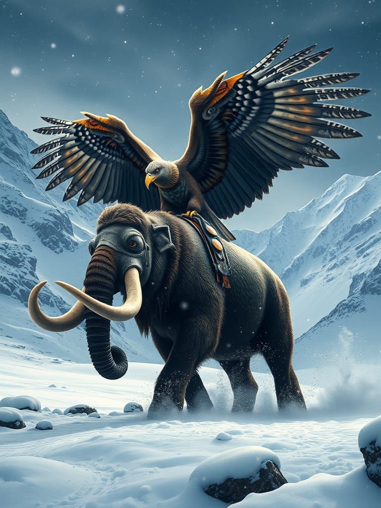 Steampunk Condor Rides Mammoth in Snowy Alps