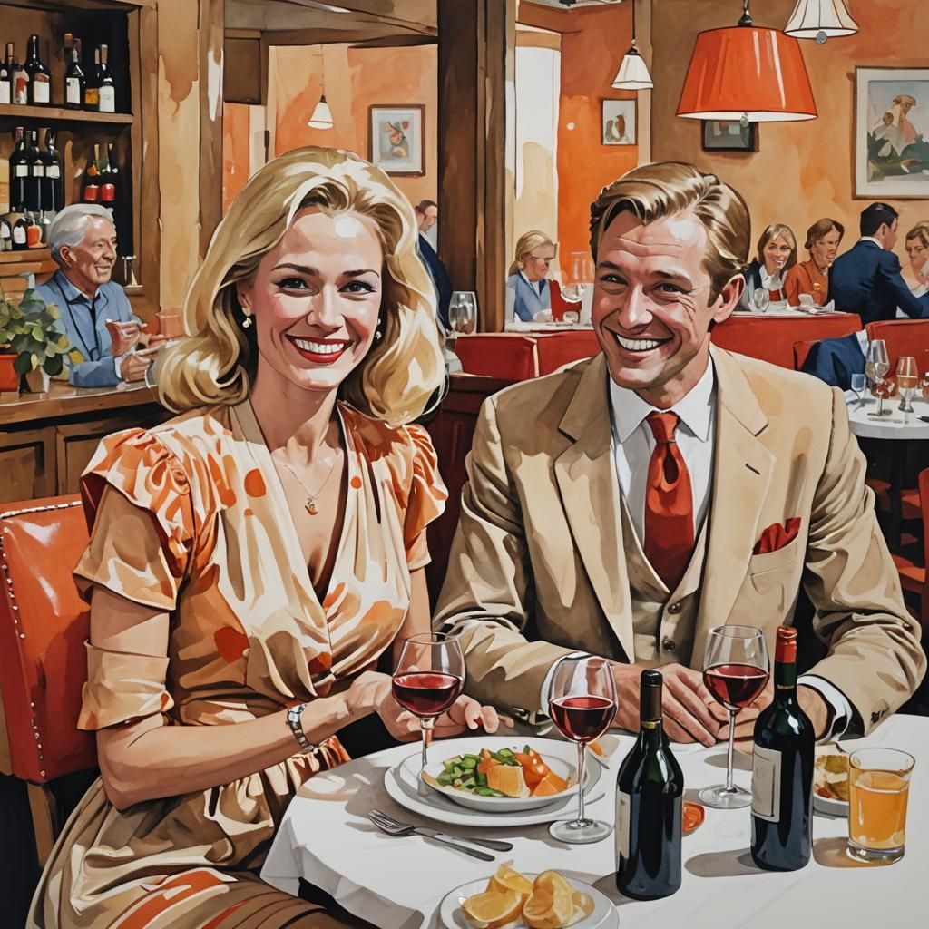 Restaurant Dinner in Gouache Style Watercolor