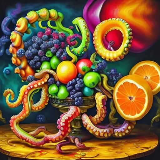 Colorful Fruit Octopus Still Life: 3D Realism