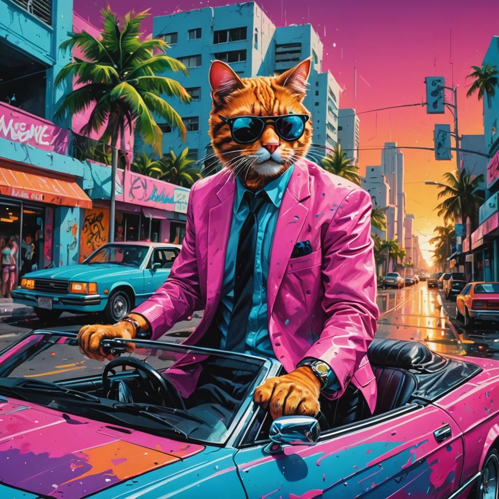 Cool Cat Drives Convertible in 80s Neon Miami