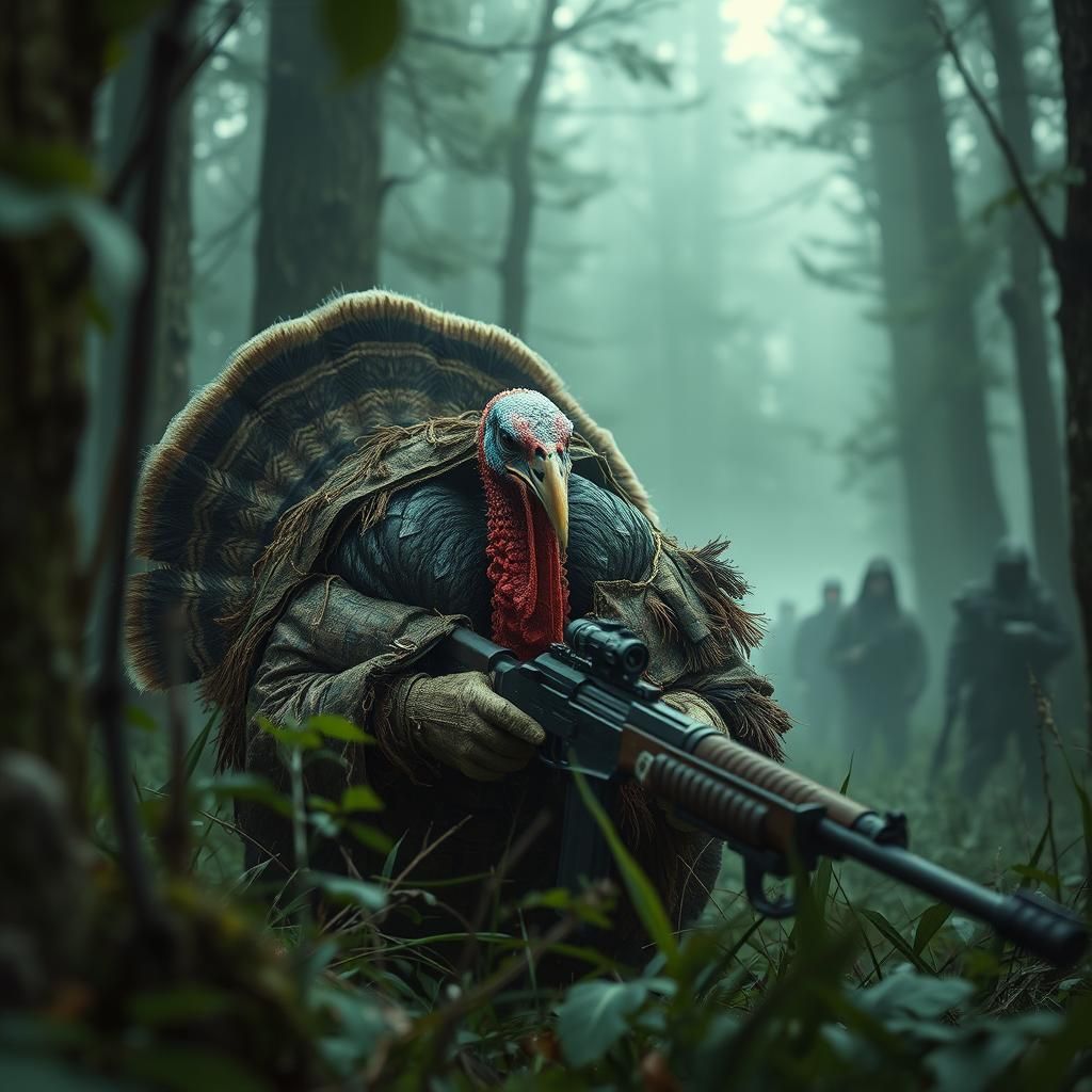 Battle-Hardened Turkey Hunter in Misty Forest