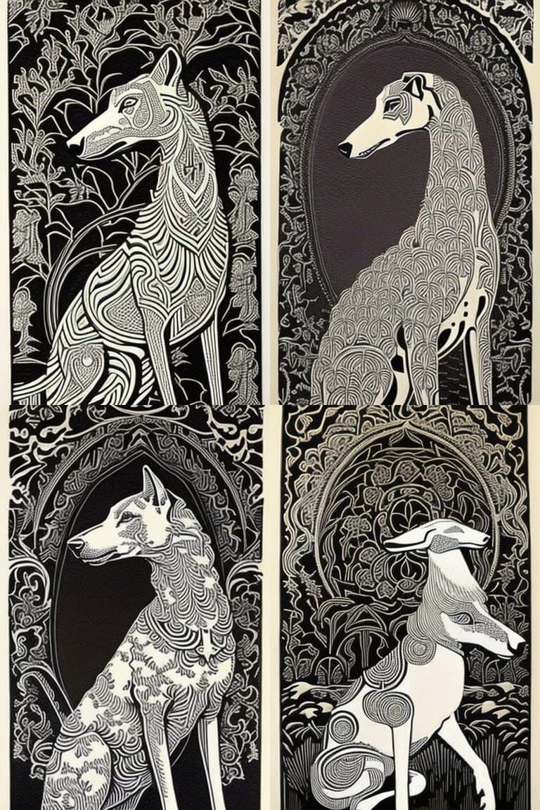 Intricate Greyhound Portrait in Art Nouveau Linocut