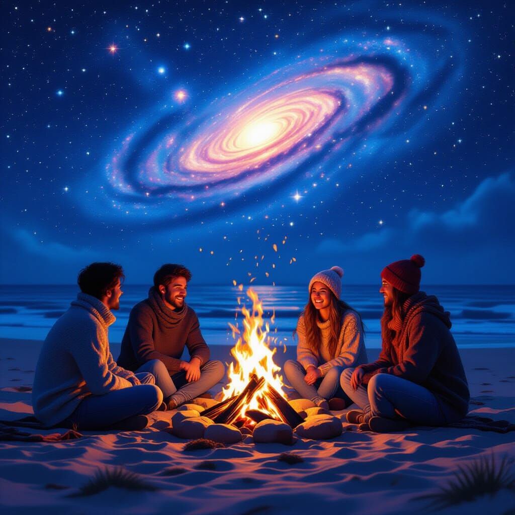 Bonfire Night on Beach Under Starry Sky