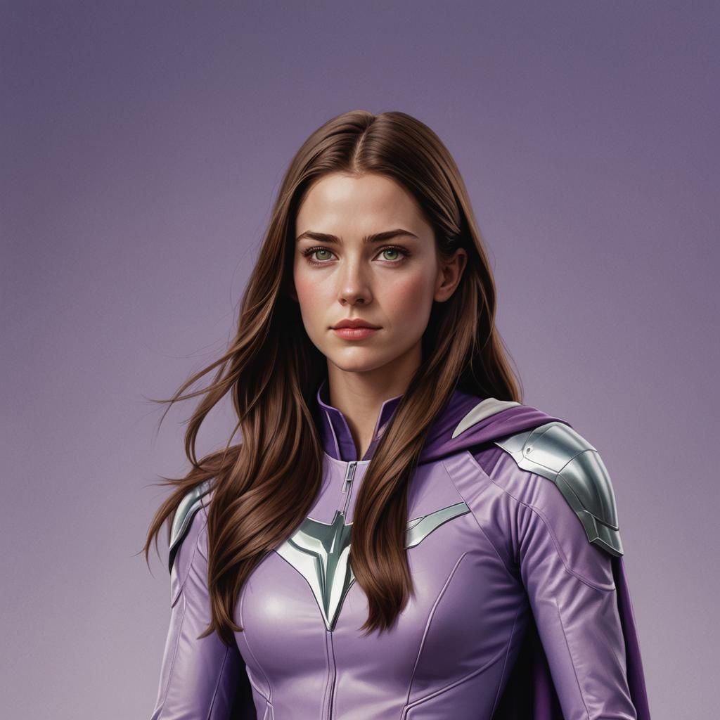 Hyperrealistic Portrait of a Superheroine in Lilac Costume