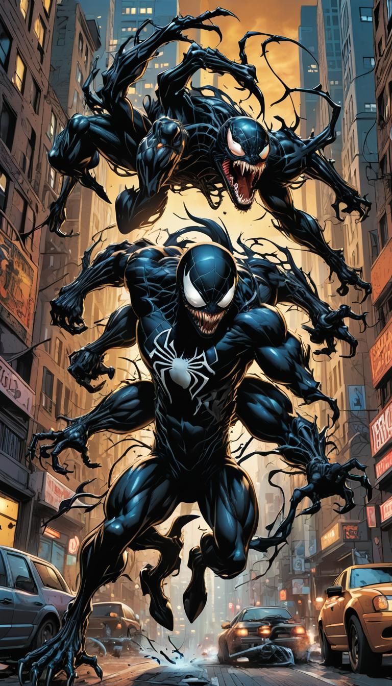 Venom Wolf Hybrid Leaps Through City: Comic Book Art
