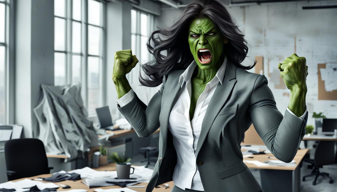 Rage She-Hulk Destroys Office in Hyperrealistic Style