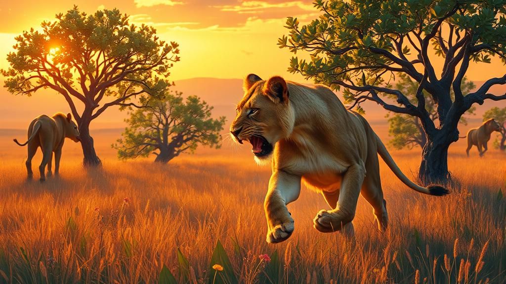 Lioness Hunt in Savannah, Oil Painting Style