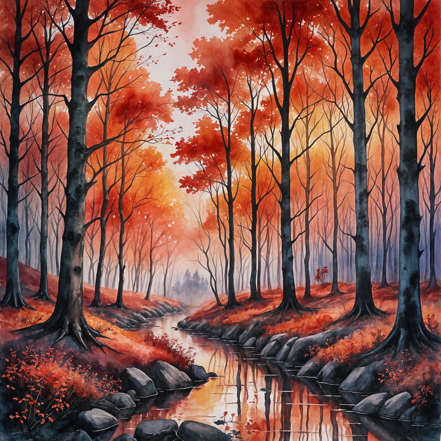 Ethereal Red Sunset Over Surreal Watercolor Forest