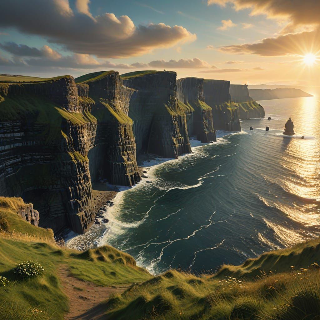 Sun-Drenched Cliffs of Moher in Golden Hour Light