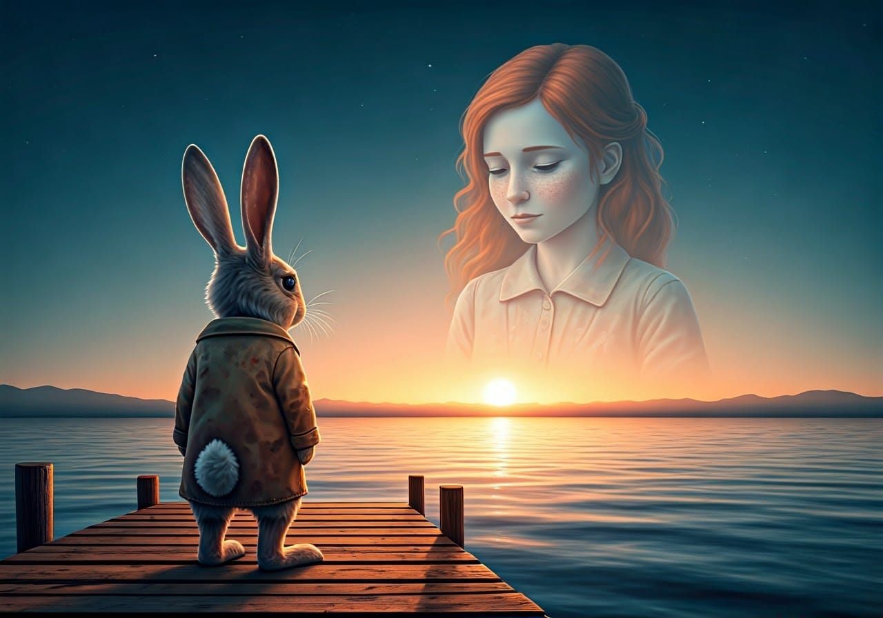 Whimsical Rabbit's Wistful Moment on the Weathered Dock