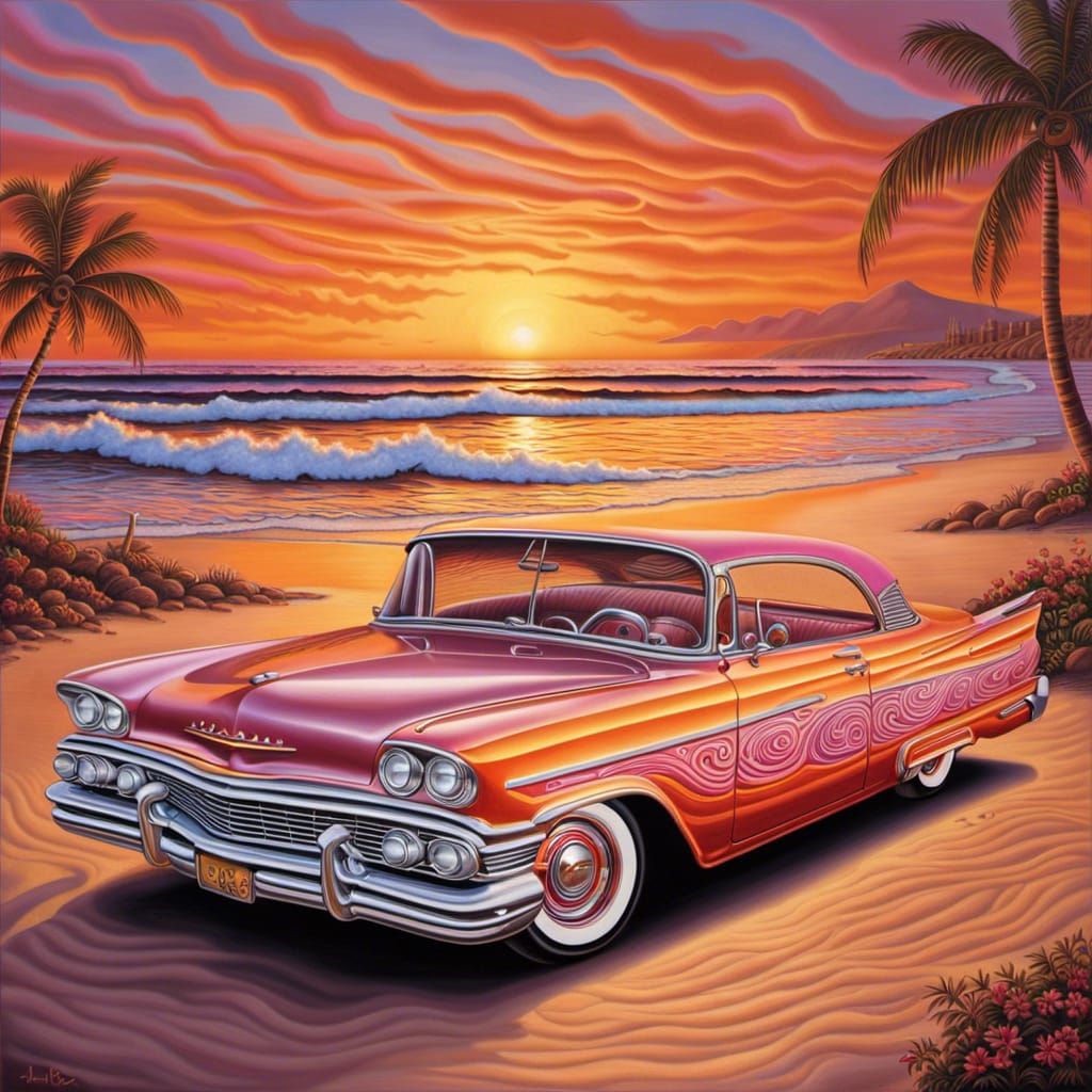 Lowrider Car on Beach at Sunset, Detailed 16k Resolution