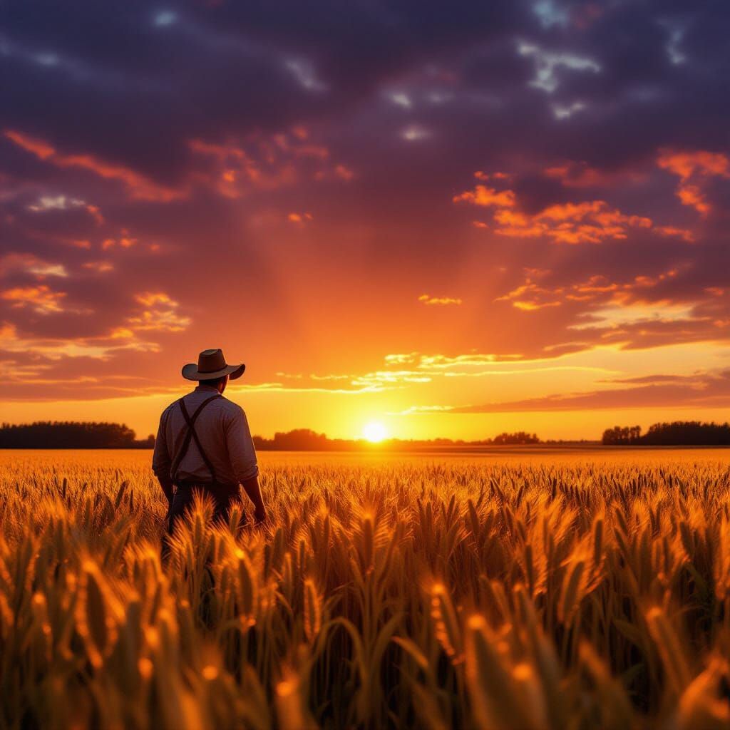Farmer Silhouetted Against Fiery Sunset in Wheat Field