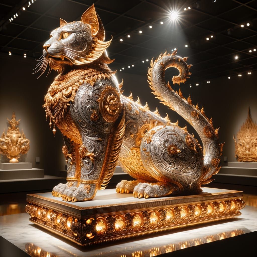 Opulent Multi-Metal Cat Statue in Museum Exhibit