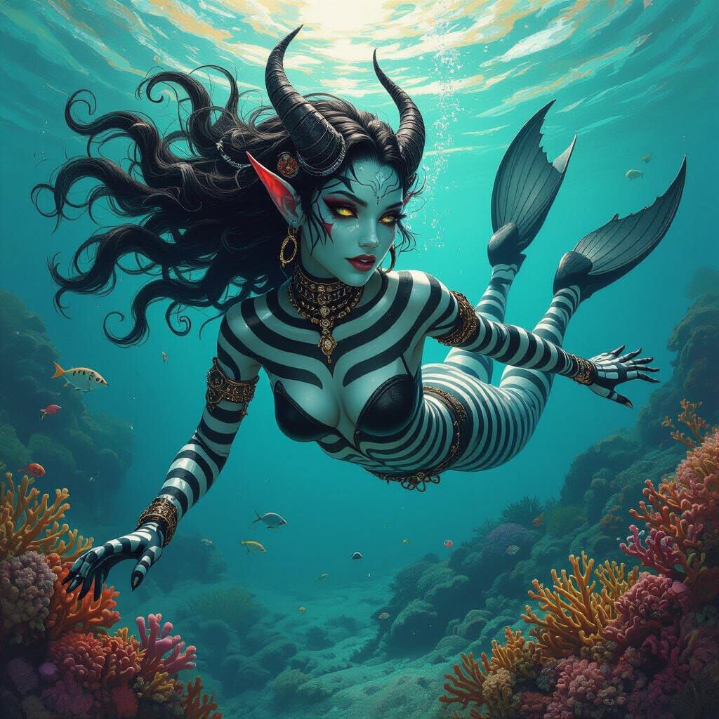 Tiefling Reef Diver in Detailed Fantasy Oil Painting