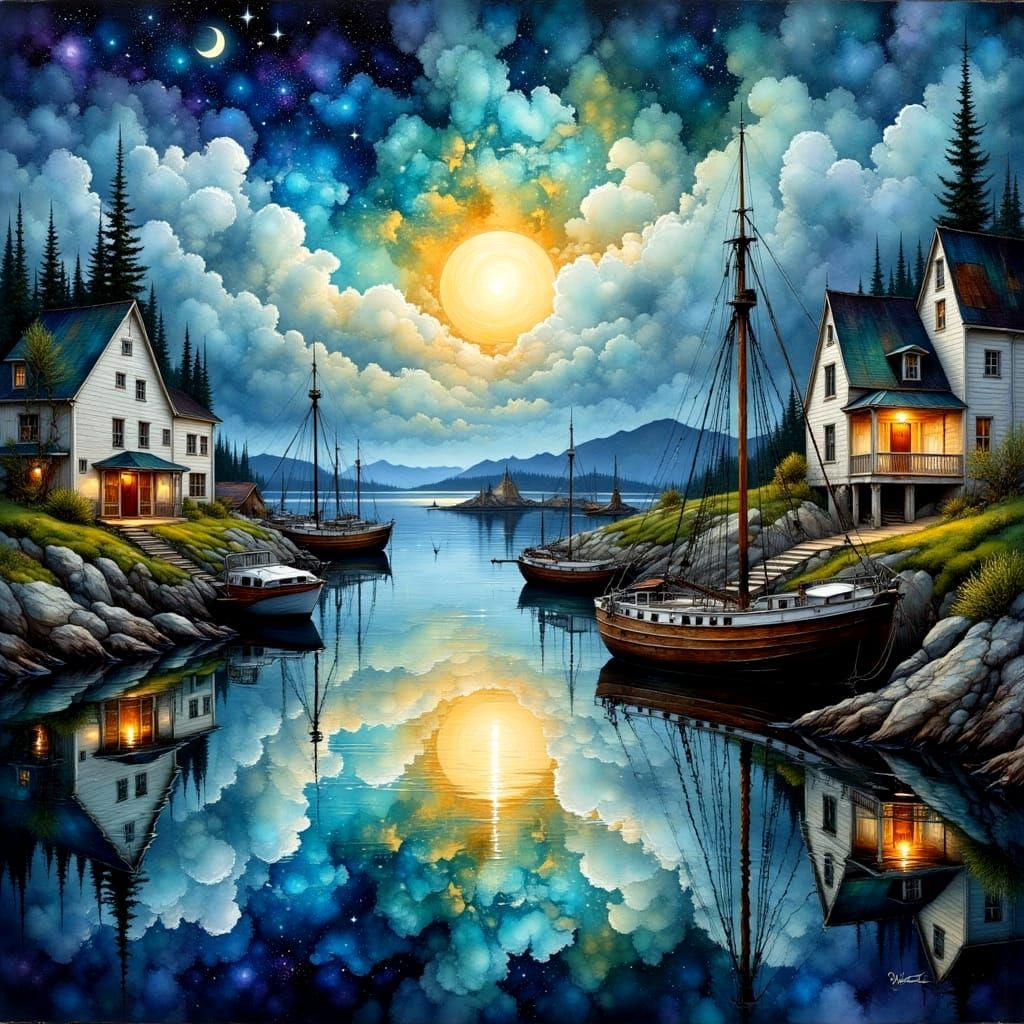 Newfoundland Canada Harbor Scene in Springtime Impasto Oil P...