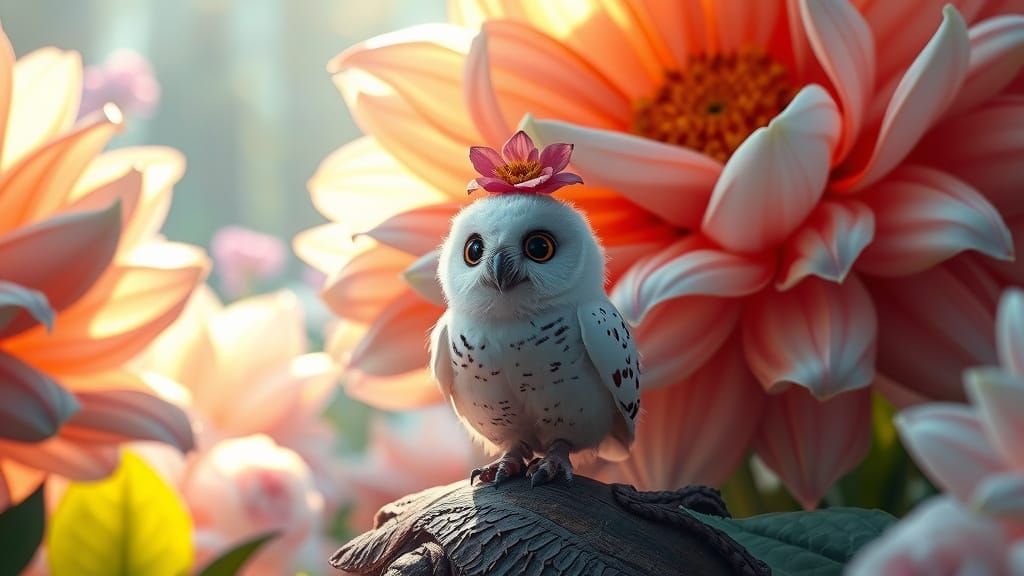 Majestic Snowy Owl Strolls Through Fantastical Flower Forest