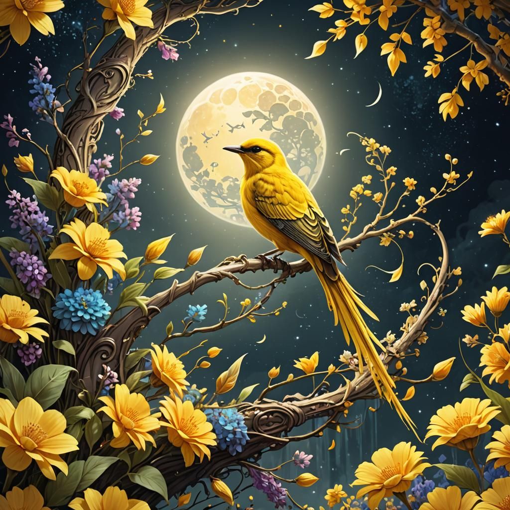 Yellow Bird on Floral Crescent: Ink Drawing Style