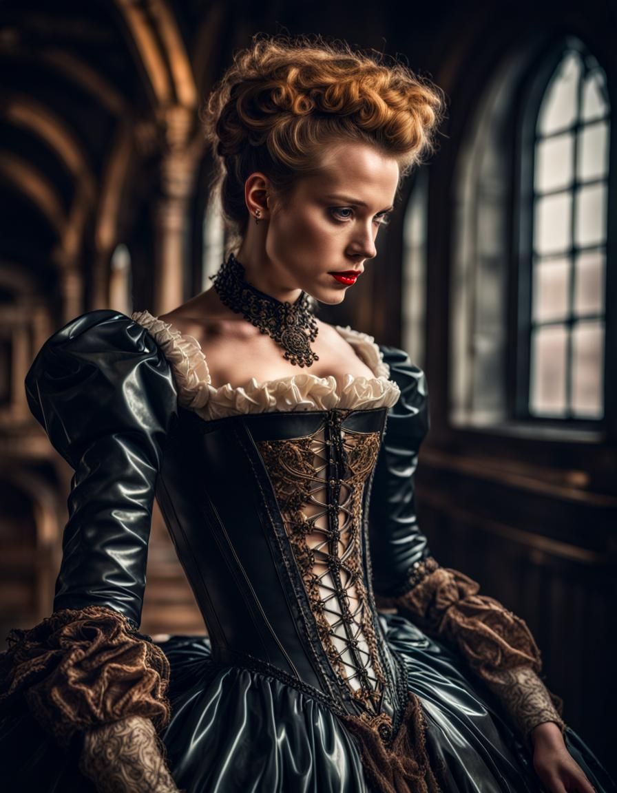 Woman in Latex Elizabethan Dress: Hyperrealistic HDR Photo