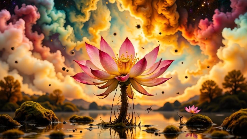 Cosmic Lotus in Surreal Dreamscape, Hyperrealistic Digital A...