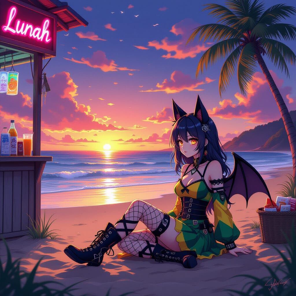Gothic Anime Girl with Brazilian Flair on Beach at Sunset