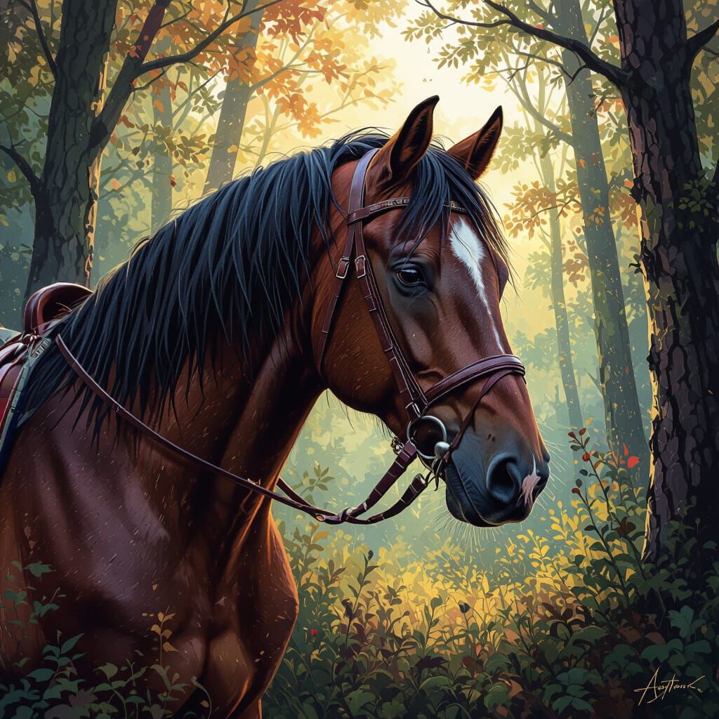 Horse with Saddle in Forest: Hyperrealistic Splash Art