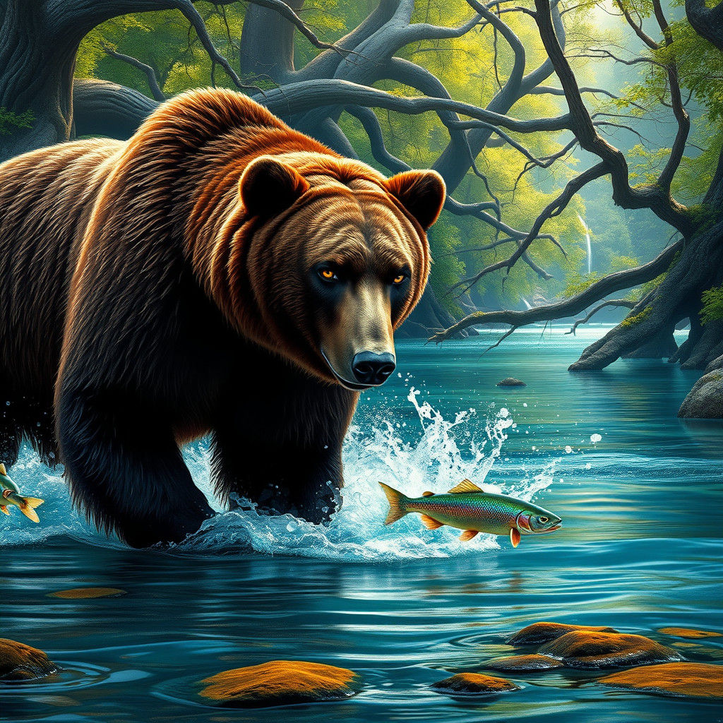 Grizzly Bear Hunting Fish in Mystical River