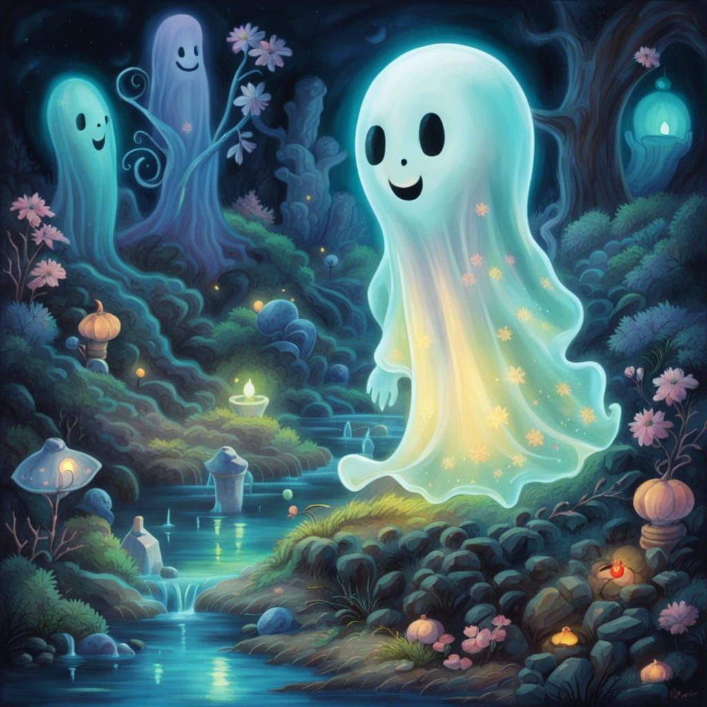Cute Cuddly Ghost in Dreamy Bioluminescent Setting