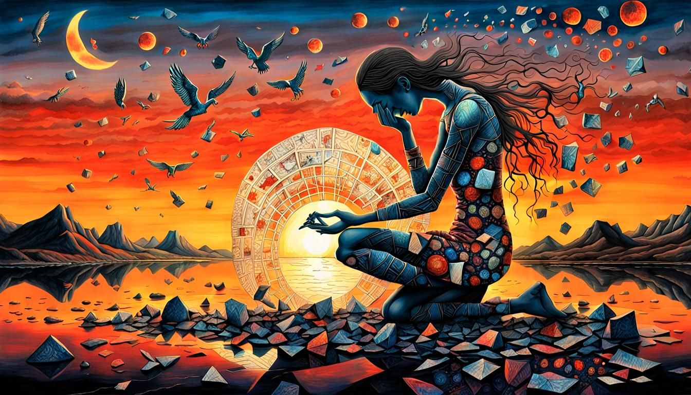 Surreal Drawing of Kneeling Figure Picking Up Mirrors