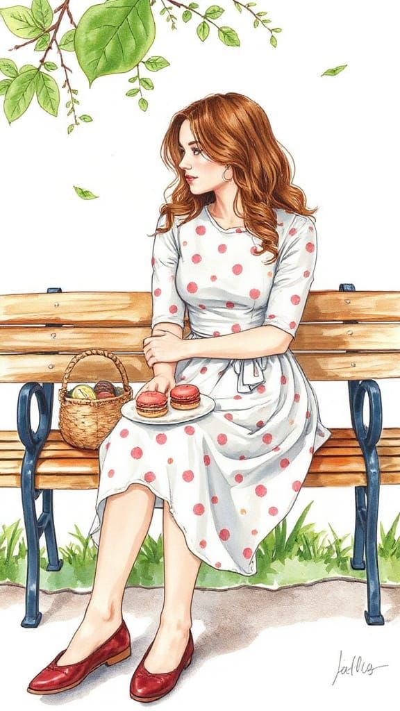 Woman with Macarons in Whimsical Watercolor Style
