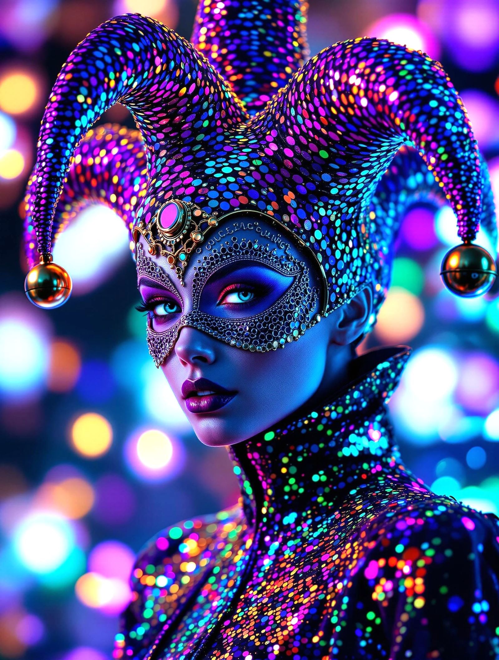 Enchanting Futuristic Jester Queen in Exquisite Sequin Attir...