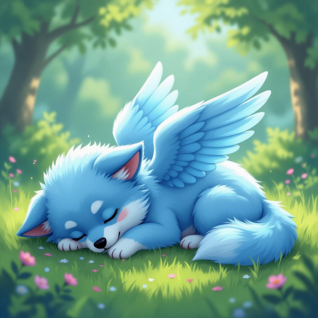 Sleeping Avian-Canine Hybrid Creature with Fluffy Fur and Wi...
