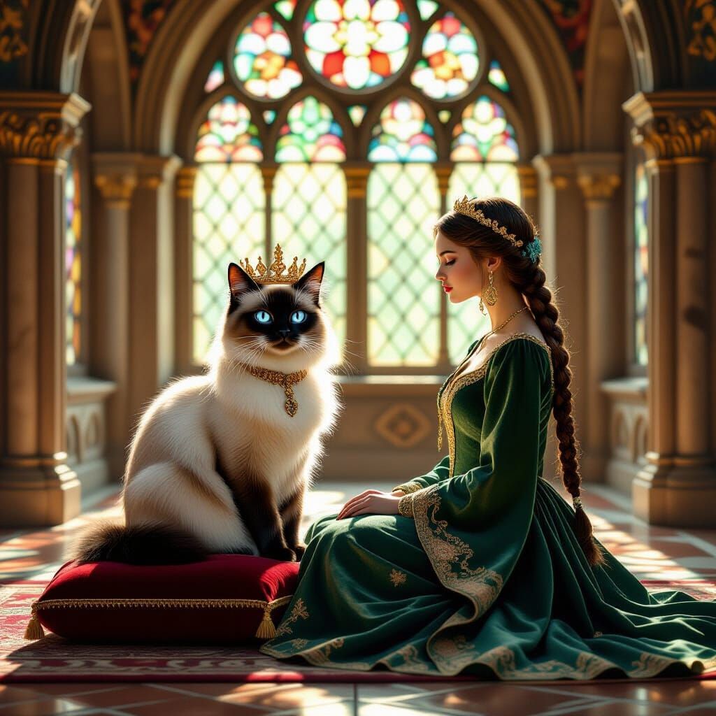 Siamese Cat Royal Portrait in Medieval Chamber
