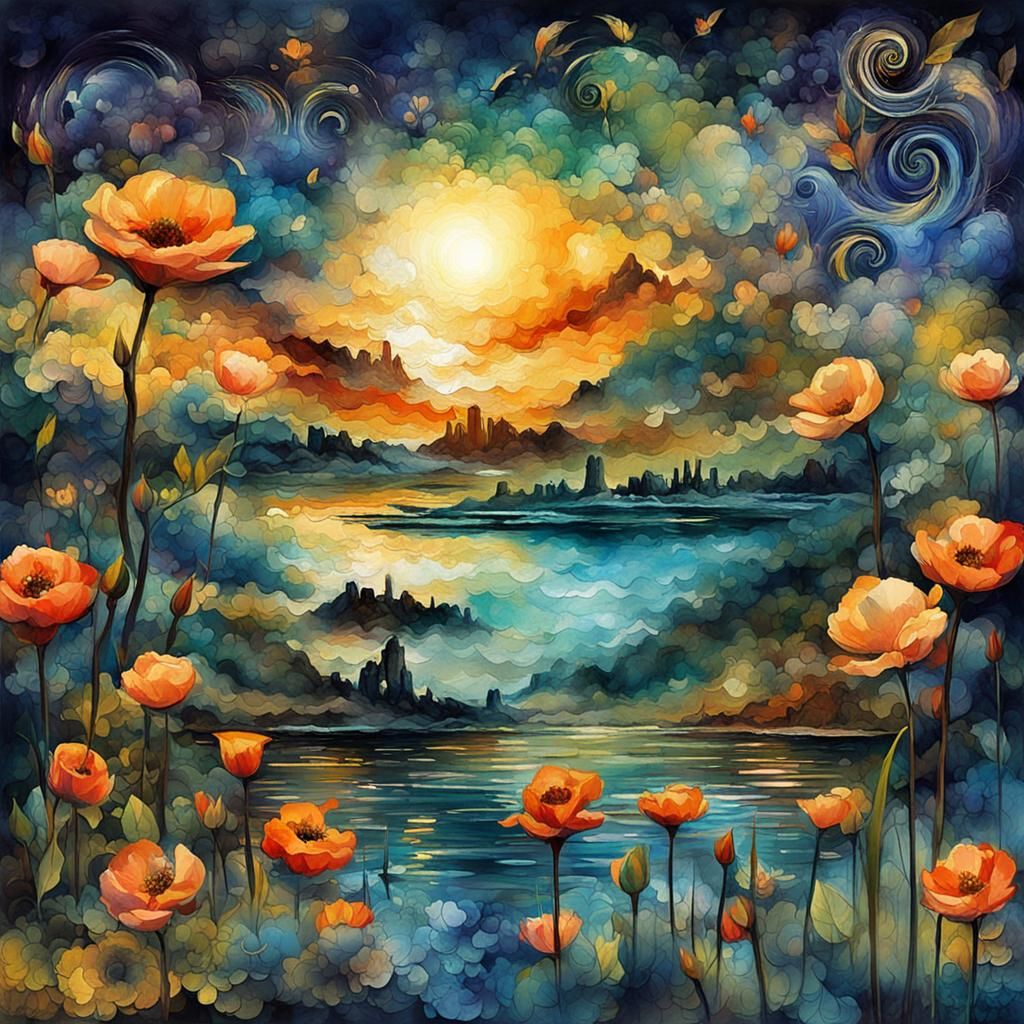 Dark Red Roses and Sea Waves in Watercolor Style