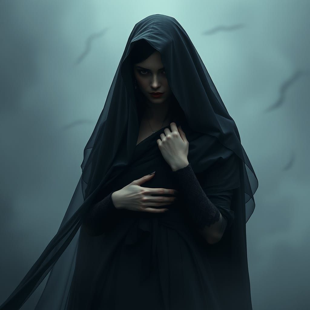 Dark Fantasy Goddess in Elegant, Mystical Attire
