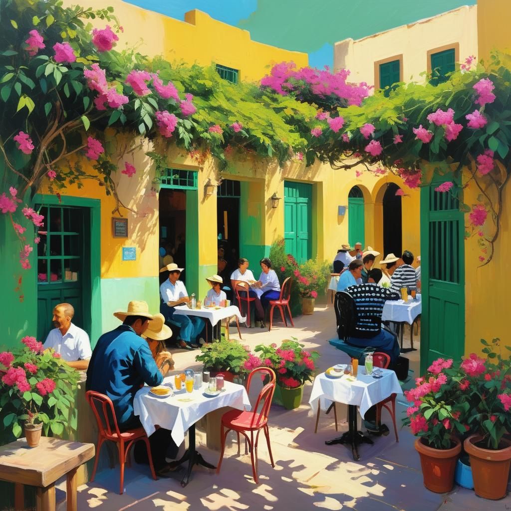 Mexican Cafe Courtyard in Neo-Impressionist Style